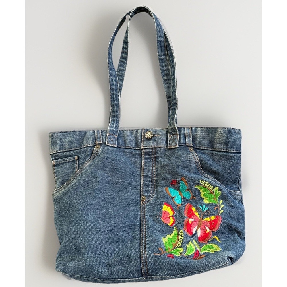 Patricia Nash Denim Butterfly Embroidered Tote Bag Zip Top Blue Floral